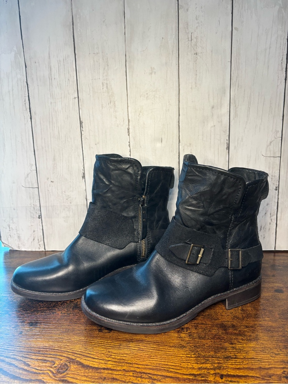 UGG Black Leather & Suede Ankle Boots with Buckle